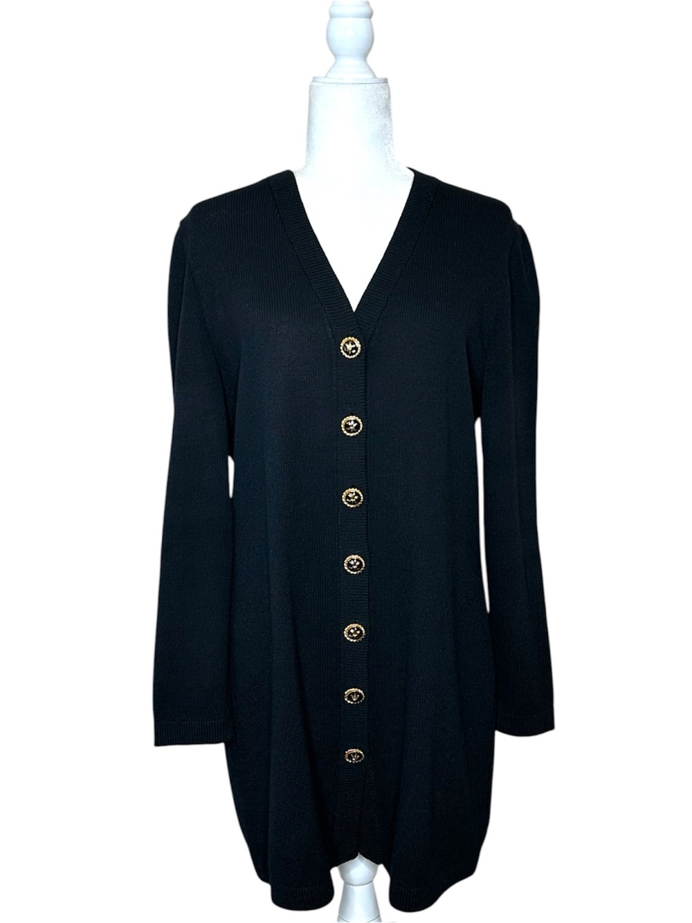 St. John Santana Knit Black Long Cardigan Size Medium Gold Buttons Old Money